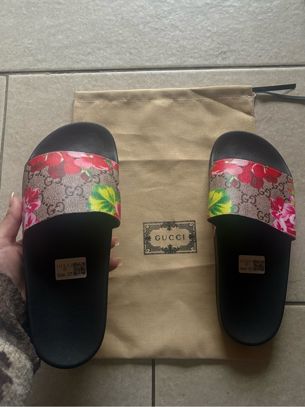 Gucci Floral GG Canvas Slide Sandals in Red, Pink, Green and Black